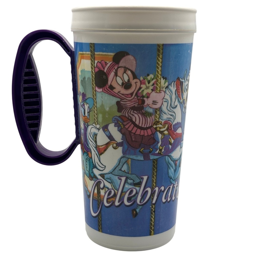 Disney Parks Mickey Minnie Carousel Celebrate Today Travel Mug Coca-Cola Purple